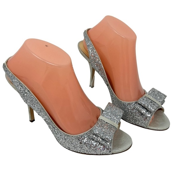 Kate Spade Krysta Silver Sequin Glitter Open Toe Slingback Stiletto Heels 9.5B - Picture 1 of 12